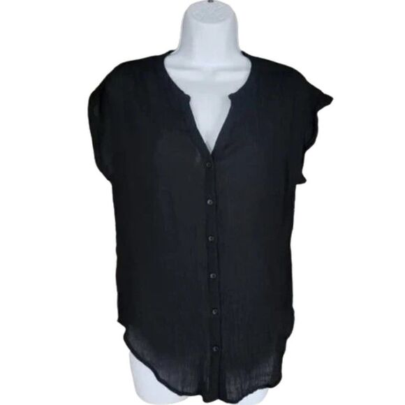 ‎Timing Crepe Black Button Up Short Sleeve Blouse - Picture 1 of 10